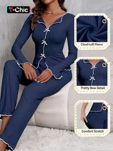 Women's Spring Autumn Winter Plain Thickened Warm Sweet Bow Lace V-Neck Long Sleeve Home Set Two-Piece Suit Pajama Set