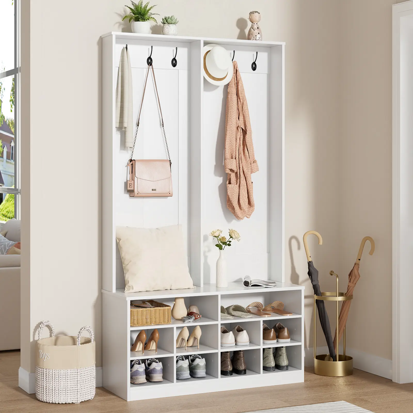 Modern Hall Tree with Bench and Shoe Storage 39.4" W, Multiple Functions Hallway Coat Rack with 10 Shoe Cubbies for Entryway, Foyer, and Stairway