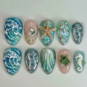 Handmade Ocean Green Press On Nails – Starfish, Turtle, Seahorse and Wave 3D Accents, Short Almond Beach Nails