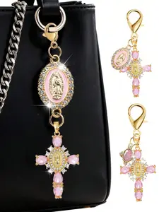 Sparkling Pink Cross Rhinestone Keychain, Bag Pendant Keychain - Christian Amulet with Pearl & Virgin Mary Rhinestone Charm, Versatile Accessory for Bags, Wallets, Headphones & Car Keys, Ideal Holiday Gift for Women