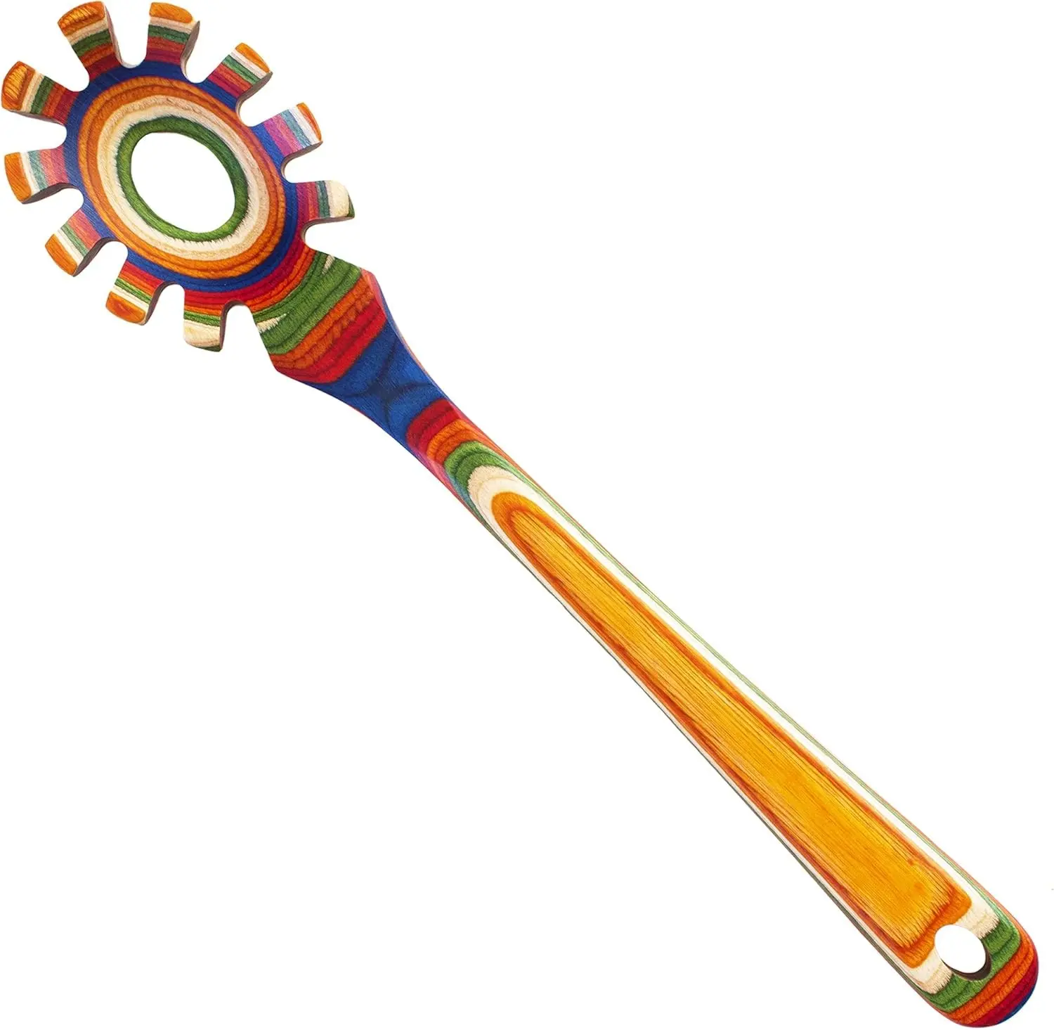 Marrakesh Collection Nonstick Kitchen Wooden Spaghetti Spoon - 12.5in Teethed Birch Wood Pasta Server, Colorful Utensil for Portioning, Stirring Noodles