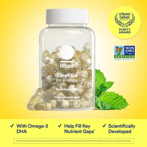 Ritual Essential for Women 50+ Multivitamin Vitamin D3, Vegan Omega-3 DHA, B12, Iron, USP Verified, Gluten-Free, 60 Capsules Supplement