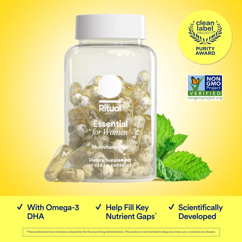 Ritual Essential for Women 50+ Multivitamin Vitamin D3, Vegan Omega-3 DHA, B12, Iron, USP Verified, Gluten-Free, 60 Capsules Supplement