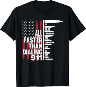 Cotton Short Sleeve T-Shirt for Men - "All Faster Than Dialing 911" Patriotic American Flag Design, Crew Neck, 100% Cotton, Casual All-Season Wear Graphic tees