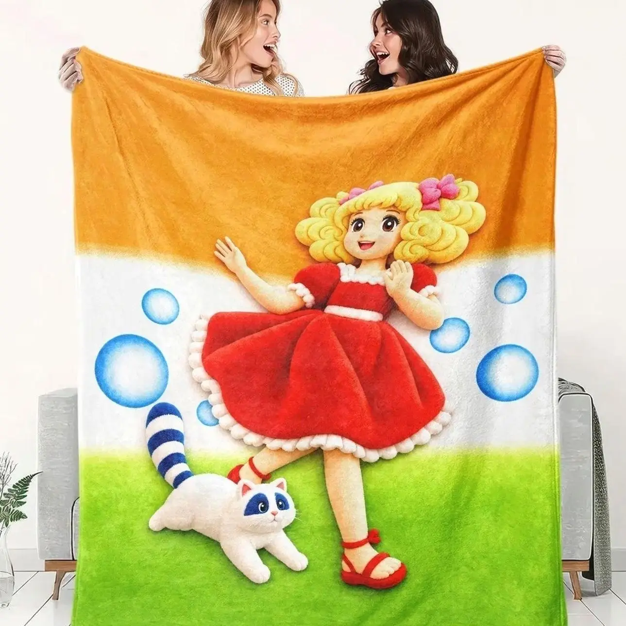 1pc Colorful Cartoon Girl Cat Flannel Blanket, Blonde Doll Red Dress White Cat Bubble Print Soft Warm Throw for Sofa Bed Office Camping Travel Birthday Christmas Gift