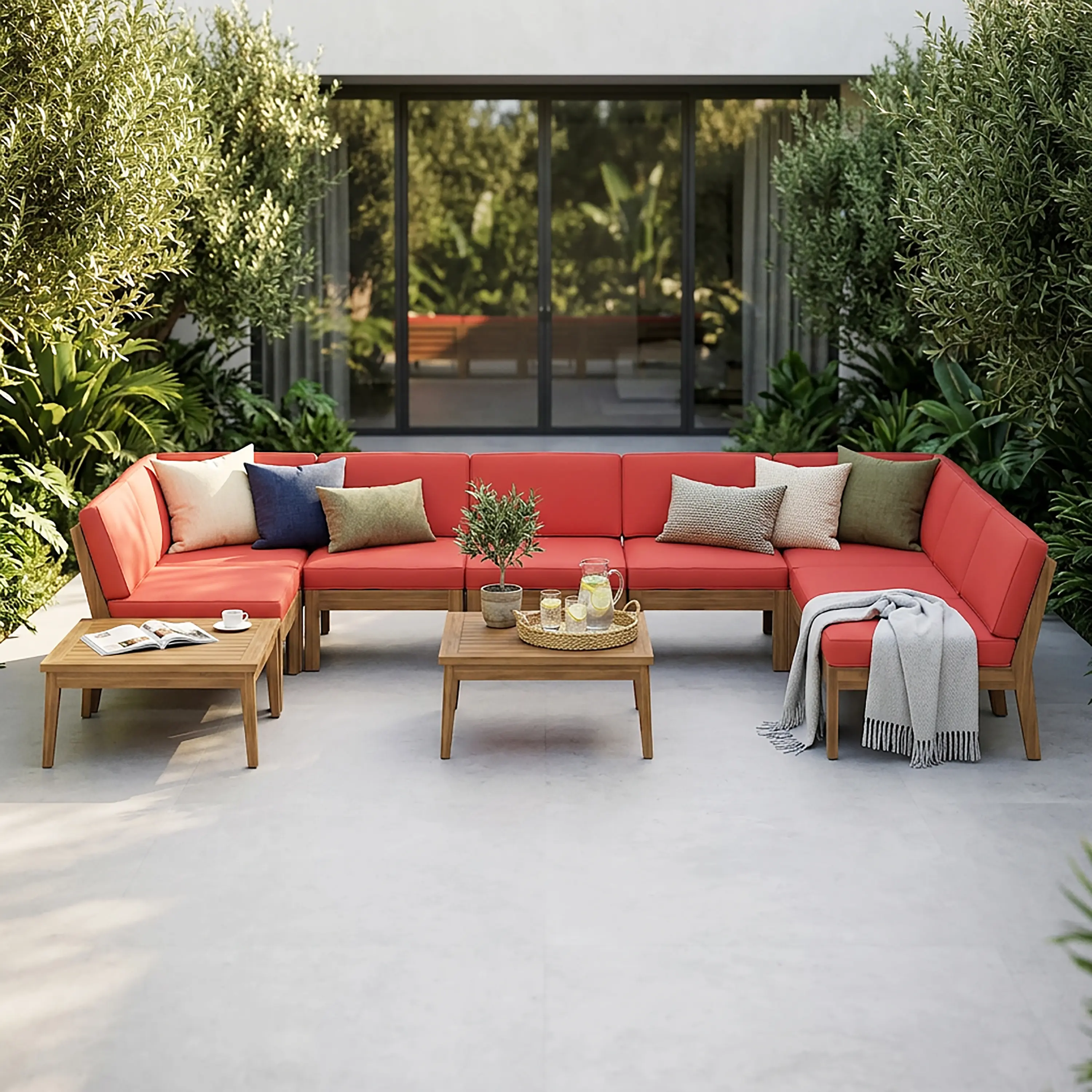 8 Seater Acacia Wood Sectional Sofa Set for Living Room, Teak and Red Color, Indoor L-Shaped Couch with Solid Wood Frame, Spacious Seating for Family Gatherings, Easy Assembly, 1 Set, Living Room Furniture for Apartment, Lounge, Family Room