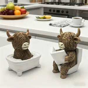 Funny Highland Cow Bathroom Statue, Farmhouse Decor with Book, Non-Electric Resin Cow Ornament, Decorative Sculptures, Cute Collectible Figurines, Perfect Easter & Housewarming Gift