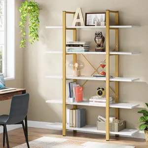 LITTLE TREE 5-Tier Bookshelf, Vintage Industrial Style Bookcase 70 ‘’ H x 12’’ W x 47’’L, Gold LITTLE TREE 5-Tier Bookshelf, Vintage Industrial Style Bookcase 70 ‘’ H x 12’’ W x 47’’L, Gold