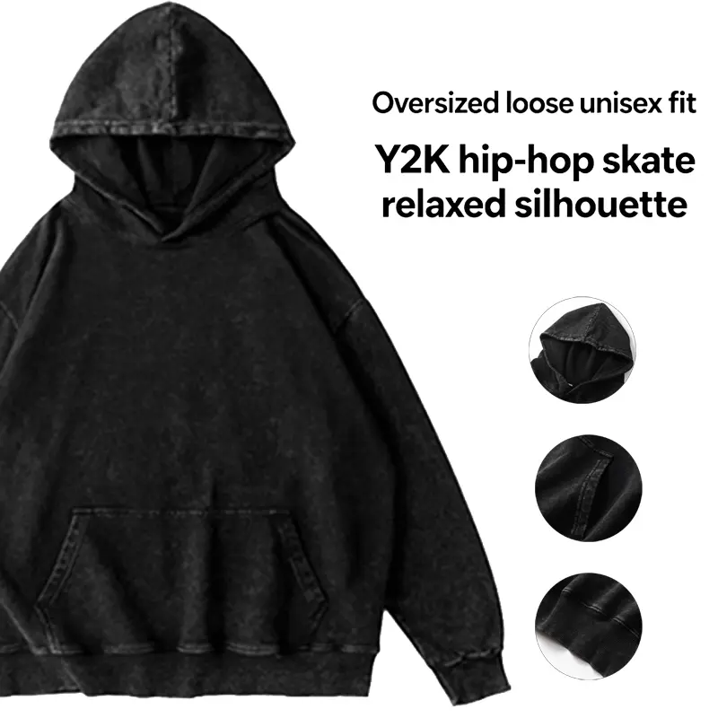 Unisex vintage washed sweatshirt, cotton sweatshirt, loose Y2K street-style pullover hoodie, large kangaroo pocket, solid-color hip-hop skate-style sweatshirt, autumn apparel, acid-wash hoodie, streetwear trendy outerwear