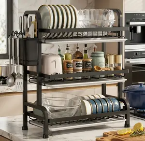 3-Tier Dish Drying Rack for Kitchen Counter Stainless Steel with Drainboard Large Capacity Space Saving Organizer Mother's Day Gift 5in1 Rack with Independent Trays & Rust Proof Design