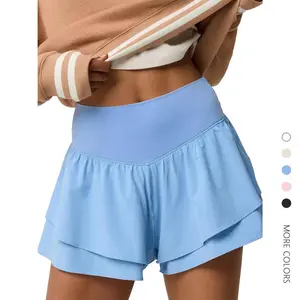 Danedvi Womens High Waisted Athletic Shorts Ruffle Tiered Running Workout Tennis Shorts with Build in Shorts