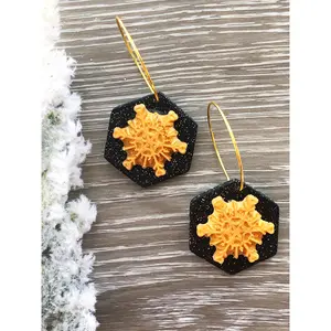 Thea - Black Octagon with Gold Snowflake Hoop Earrings