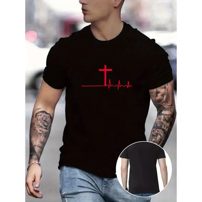 Vintage Cotton Men's T-Shirt with Cross Pulse Print - Knit Polyester Blend Crew Neck Tee, Regular Fit, Slight Stretch, Breathable Comfort, 180G Cotton, Ultra-Soft, Moisture-Wicking, Versatile for Gym & Casual Wear