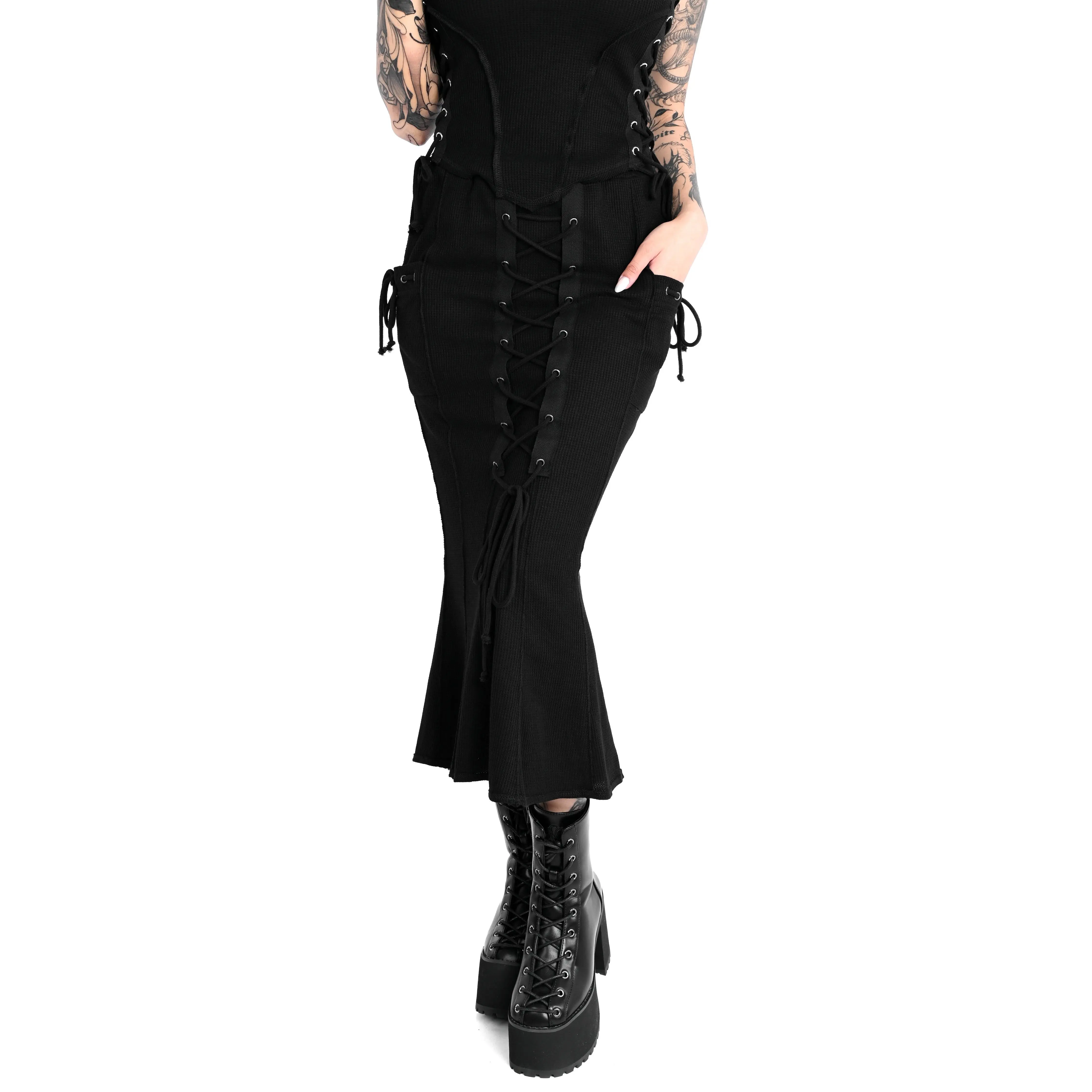 Women's Black Thermal Maxi Skirt, Lace-Up Festival Style with Adjustable Ties and Side Pockets