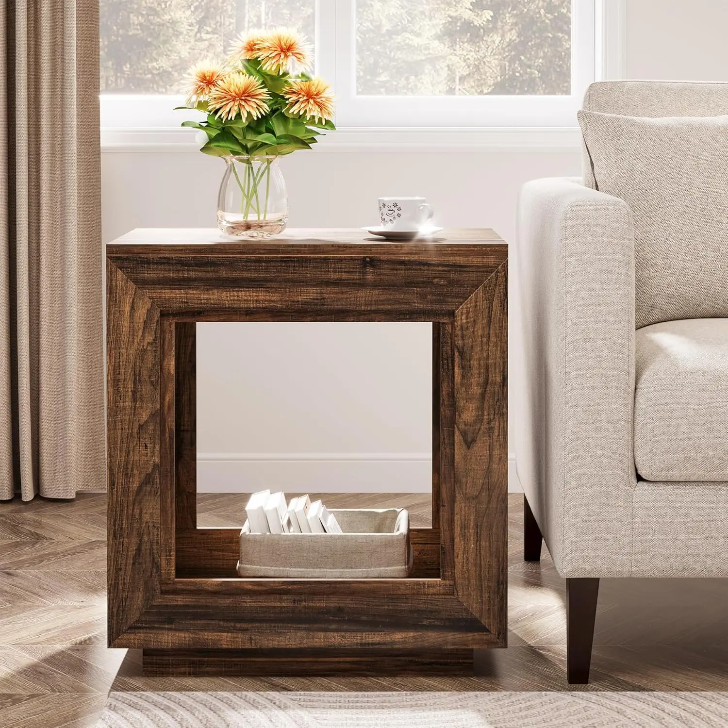 LITTLE TREE Rustic Brown End Table, 24" Side Table with Storage Shelf, Farmhouse Style Nightstand Bedside Table