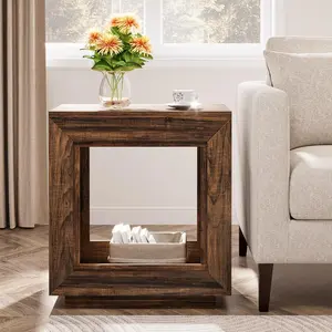 LITTLE TREE Rustic Brown End Table, 24" Side Table with Storage Shelf, Farmhouse Style Nightstand Bedside Table