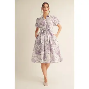 Gretchen Lavender Floral Midi Dress Casual Cotton Fabric Print Womenswear Collared Puffed Short