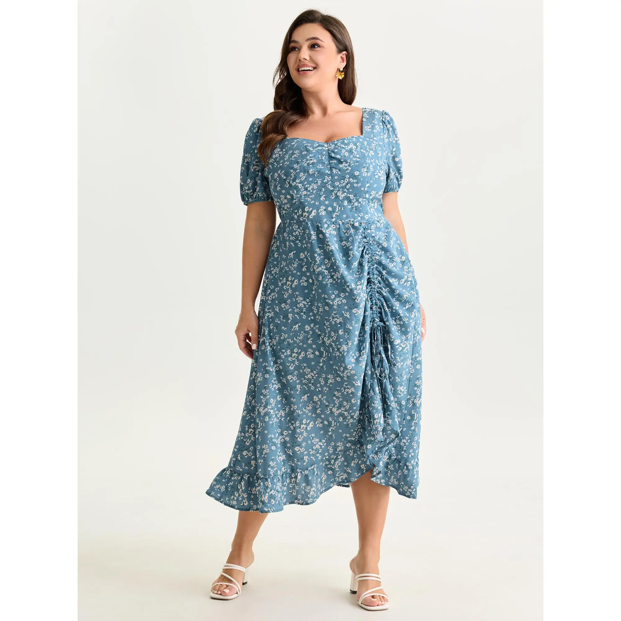 BLOOMCHIC Women's Plus Size Polyester Short-Sleeve Ditsy Floral Ruched Adjustable Drawstring Hem Midi Dress [M-6X] - 2026 Summer Swimweek, Iron-Smooth Finish, Stone Accent, Casual Fit, Pocket, Cold Wash, Pull On, Plus Size Clothes, Women's Dresses, Garmen