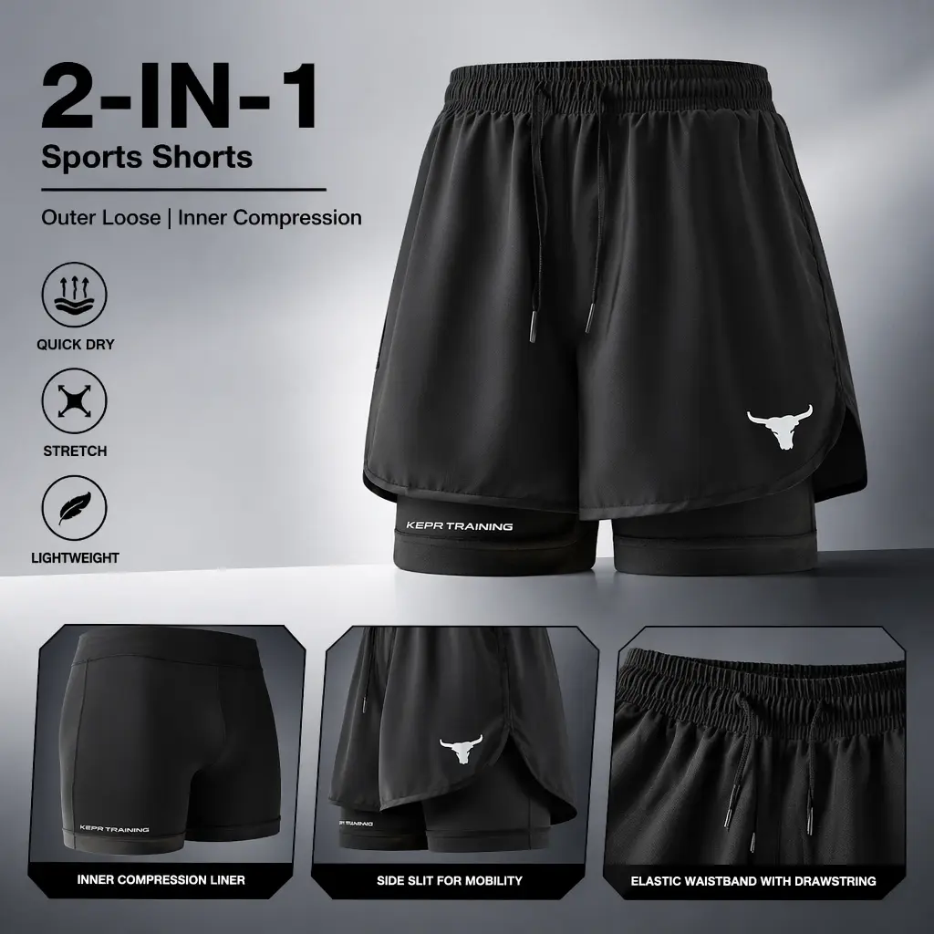 Unisex 2-in-1 Mock 2-Piece Elastic Sporty Fitness Shorts, Anti-Chafe Liner, Quick Dry, Inner Compression, Elastic Waistband for Summer Running, Gym Workouts, Elastic Sporty Shorts