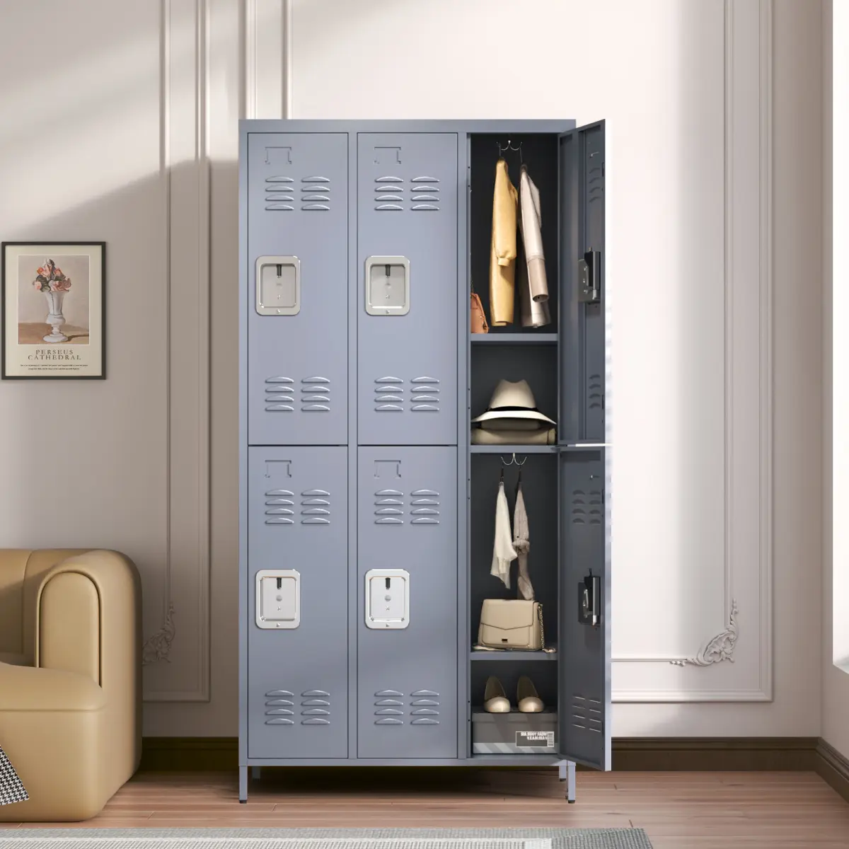 Gray 6-Lock Door Steel Employee Locker Cabinet, 72"H Commercial Office Furniture with Large Compartment, Assembly-Required Enhanced Security Storage Solution for Classrooms, Gym Rooms