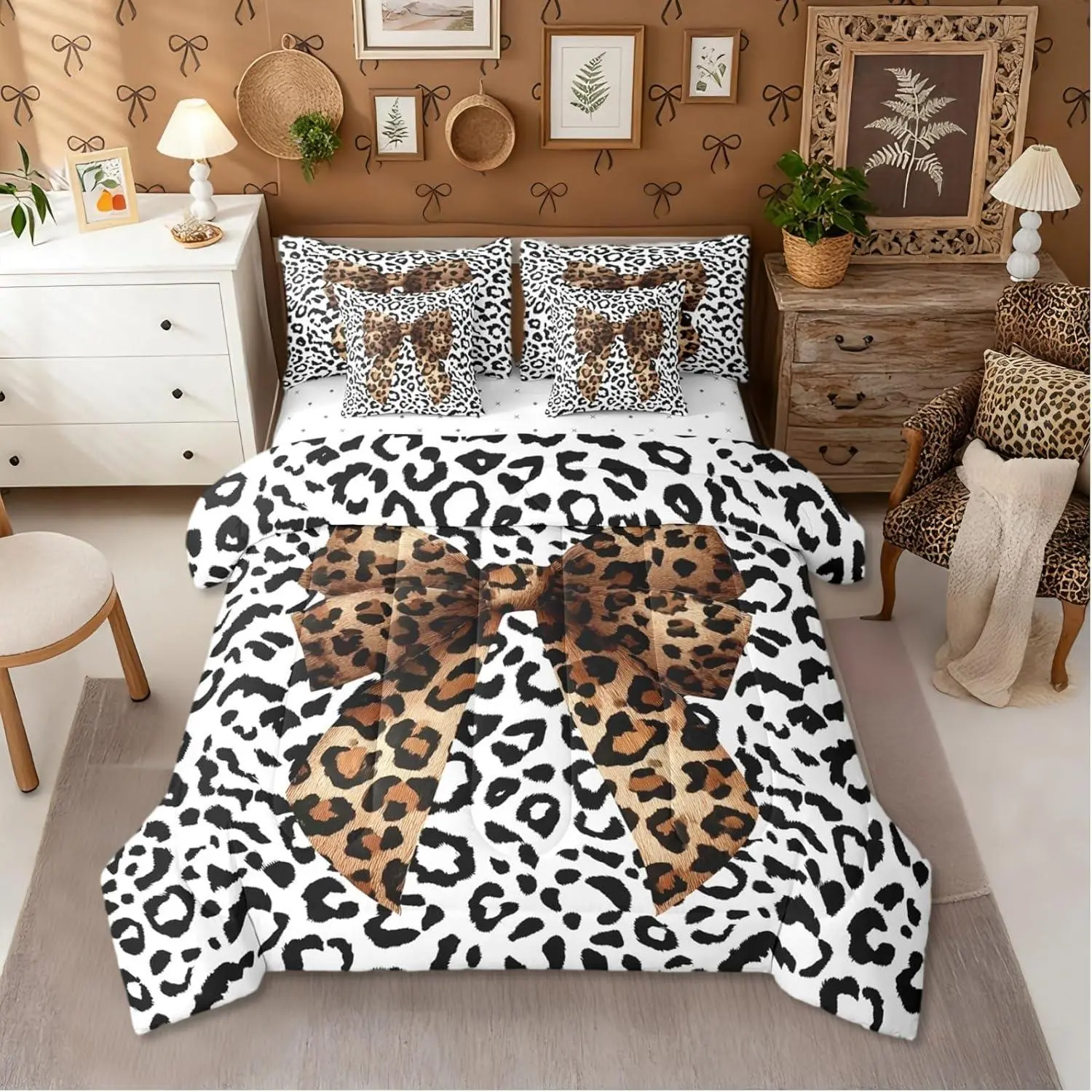 Feelyou 7-Piece Ultra Soft Leopard Print Bedding Set - Black White Cheetah Design with Bow Accents, Multi-Size Queen/King Comforter & Quilt Bedding for Teens Coquette Style, Queen Comforter Set, Comforter Set King