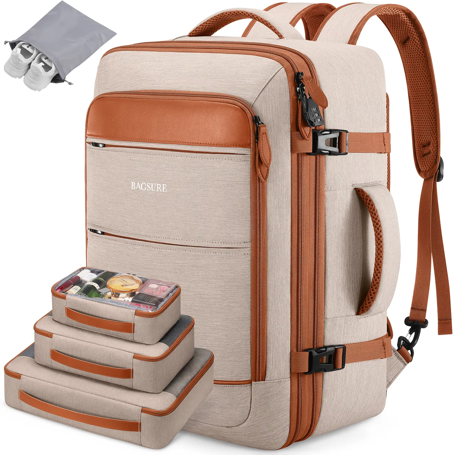 BAGSURE 42L Flight Approved Expandable Carry On Luggage Backpack - Women's Multifunctional Portable Organized Daypack, Casual Style, Hidden Straps, Packing Cubes, Polyester, Colorblock, Everyday Carry, Under-Seat Ease, Clothes Storage