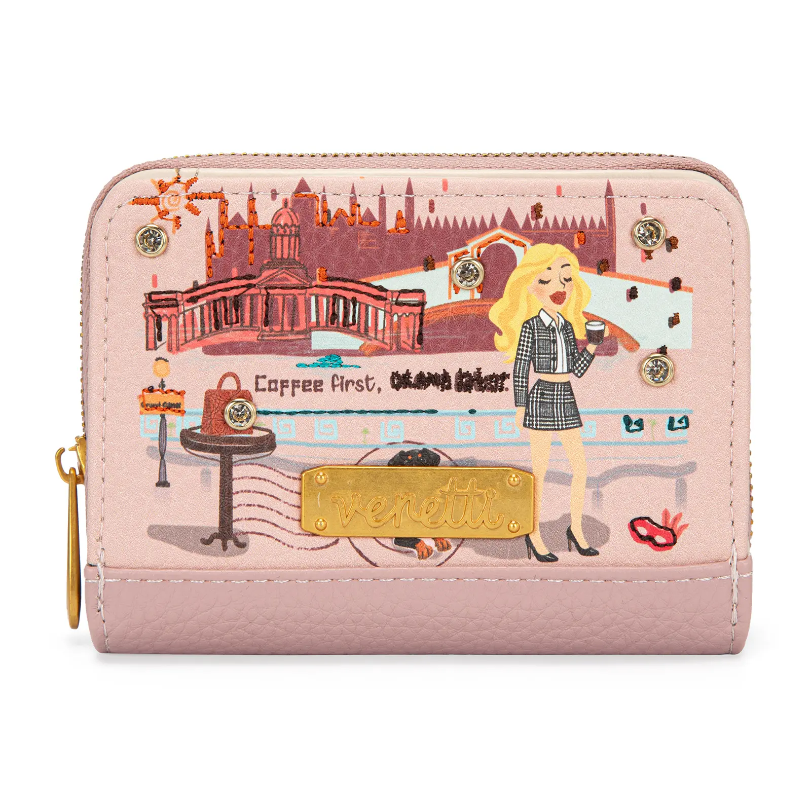 Venetti Cityscape Illustration Small Wallet RFID Wallet Women Blocking Bifold Card Holder Wallet with Coin Purse Girls Travel Wallet Zipper VN-WL-003-PK