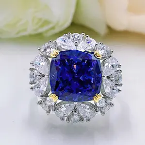 [vvjewelry]vv1731 New Tanzanite Blue Ring for Women 11*11 High carbon diamond ice cut stylish simple ring S925 silver ring