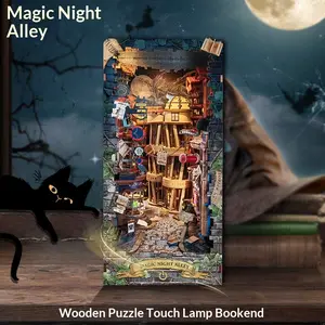 DIY Book Nook Kit with LED Lights, 3D Wooden Miniature Magic Night Lane Bookshelf Insert Decor, Handmade Bookend Model, Gift for Adults & Book Lovers