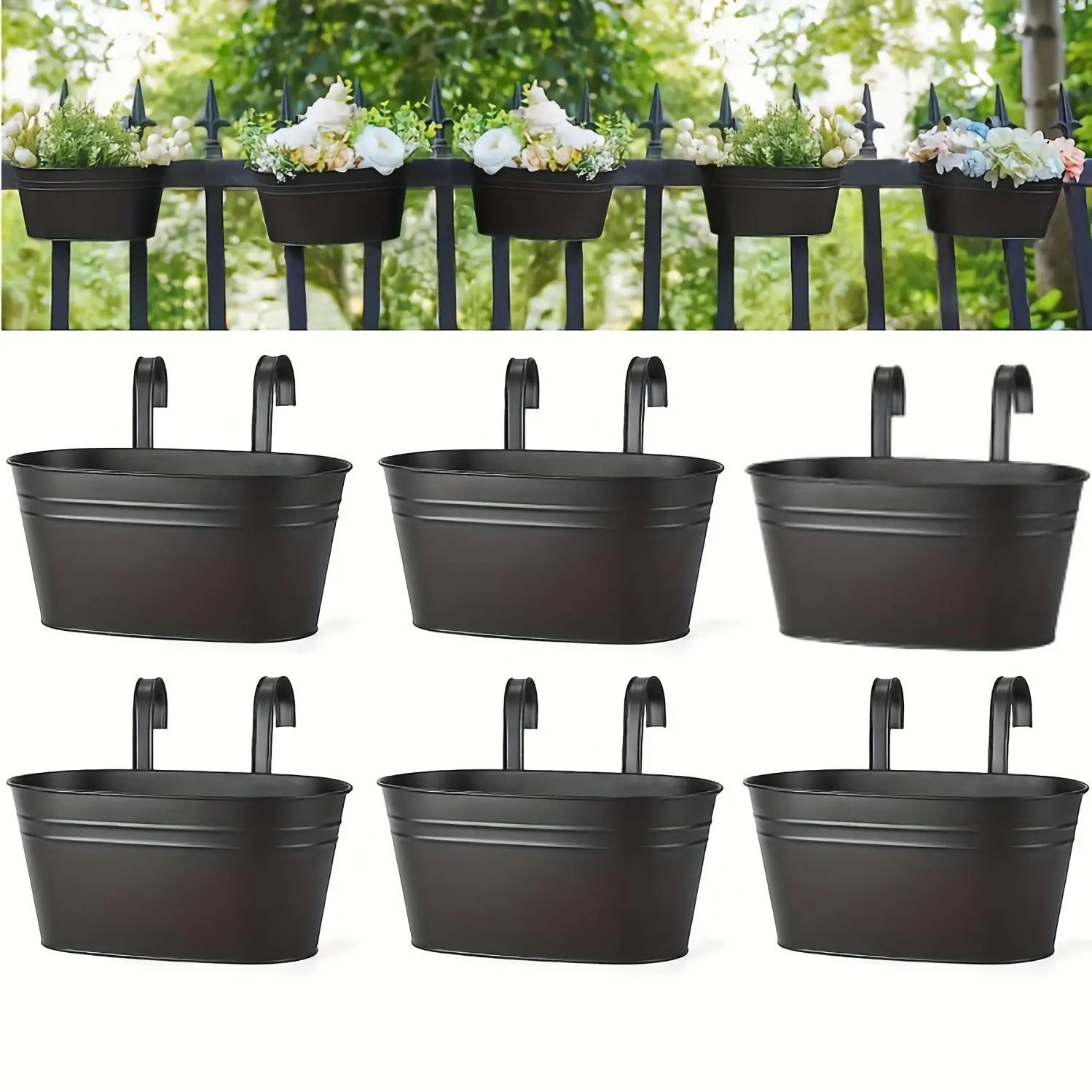 Set of 6 Black Metal Iron Flower Pots Designed for Hanging on Railings And Fences, Perfect for Rural-Style Windows, Featuring Removable Hooks