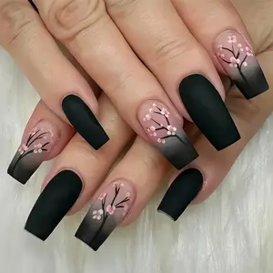 Household daily necessities Spring Press on Nails 24Pcs Pink Black Ombre Medium Square Press on Nail Coffin Full Cover Fake Nails With Flowers Designs Acrylic Nail Press Ons Kit Press on Nails For Women