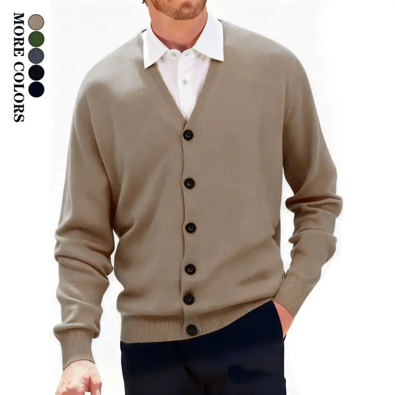 Men’s V-neck casual cardigan, simple solid color elegant business-style long-sleeve knit sweater for autumn and winter, suitable for daily commuting, home wear, and outdoor activities.