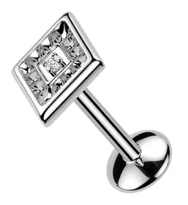 Rhombus Cut Out Clear CZ Threadless Titanium Labret