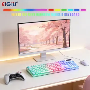 Gaming Keyboard, Wired 104 Keys Rainbow Mixed Backlit Keyboard, Liquid Silicone Design, Thickened Reinforced Baseplate, Tea Switch Tactile Floating Keycaps, Multimedia FN Keys, USB Wired Gaming Keyboard for PC Laptop Game Office