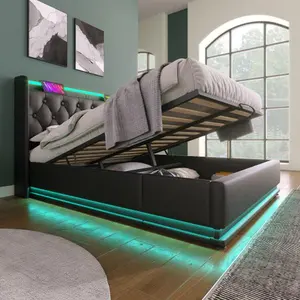 Full/King/Twin/ Queen Size Upholstered Bed, 360 Surround LED Function, Buttons/Apps/Remote Control, Hydraulic Storage Bed with USB Type-C Charging, Black,PU (Without Mattress)