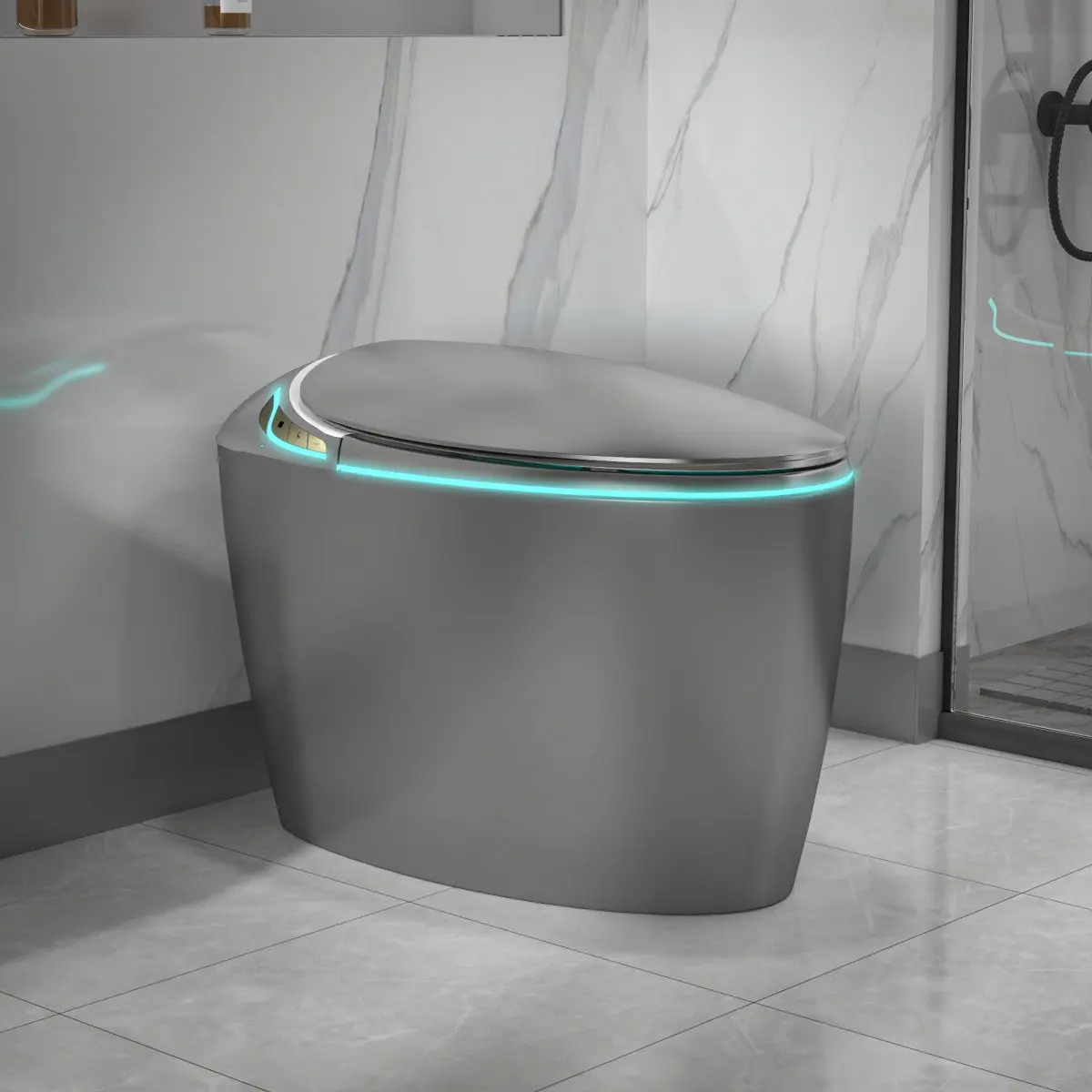 EP Exbrite Unique Smart Toilet with Bidet Built In, Intelligent One Piece Toilet For Modern Bathroom, Auto Open/Close Seat, Foot Sensor, LED Display,Night Light, Warm Water & Dryer,Grey