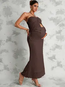 DANLIEN 2 Piece Maternity Solid Color Halter Top And Adjustable Waist Skirt Casual Outfit
