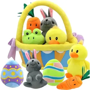 7 PCS Easter Basket Stuffers Playset Plush Bunny Chick Frog Carrot Egg Toys Party Favors Easter Decorations Party Gifts Supplies, Original Style Plush Baby, Girls Boys Toddler Kids of All Ages