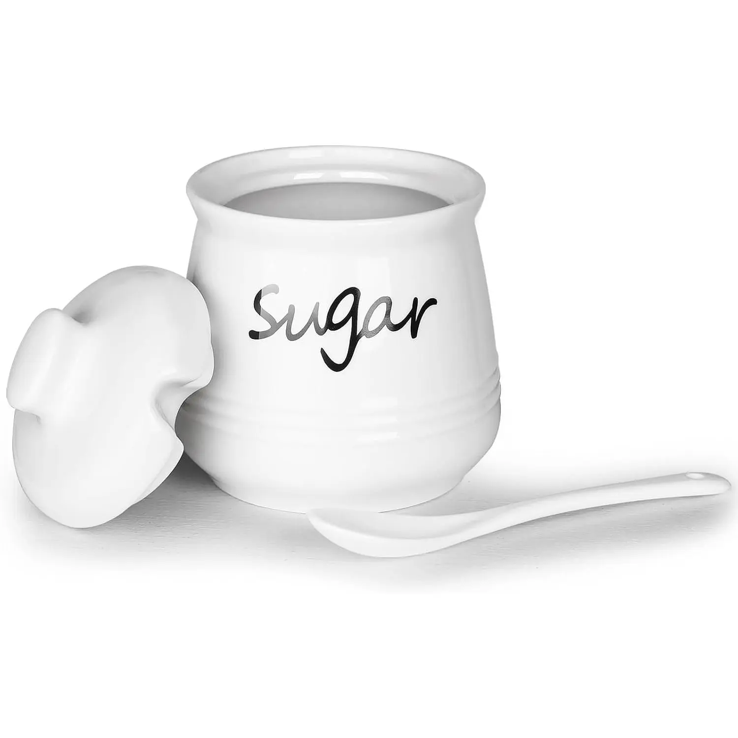 12oz Sugar Bowl with Lid and Spoon,Ceramic Sugar Jar Sugar Dispenser Sugar Container Coffee Bar Accessories, Kitchen Countertop Canisters, White