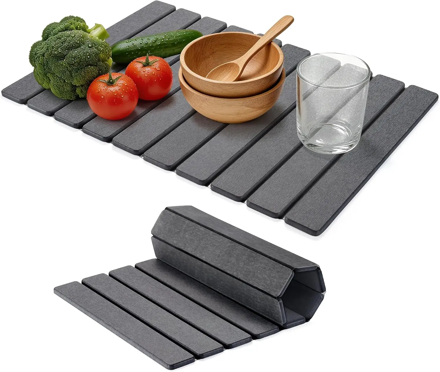 Stone Drying Mat for Kitchen Counter, 24"L x 16" W Quick Stone Dish Drying Mat Diatomaceous Earth Super Fast Absorbent Collapsible Countertop Kitchen Mats Grey