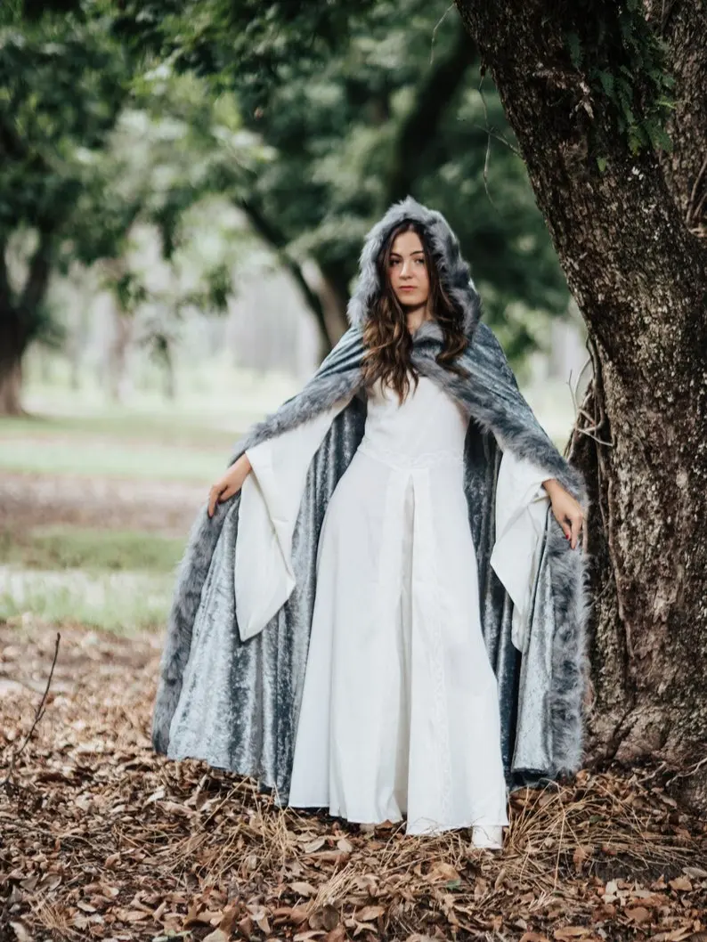 Silver Cloak with Large Hood, Gray Faux Fur Trim, and Metal Clasp - Medieval Viking Renaissance Cosplay Cape with hood
