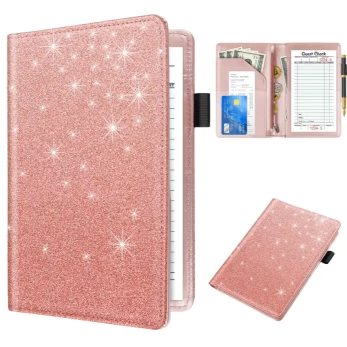 Server Book For Waitress Waiter With Zipper Pocket Glitter Leather Organizer 8x5 Inch