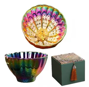 Beautiful Colorful Glaze Ceramic Tenmoku Tea Cup, Handmade JianZhan Chinese Teaism Kung Fu Tea Cup, Traditional Ceramic Tea Set with Gift Box, Perfect Gift for Tea Lovers, Birthday, Christmas, Wedding, Housewarming Present (Gold Peacock)