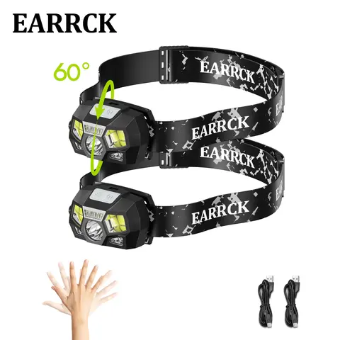 2PC Rechargeable LED Waterproof Headlamps - 60-Degree Adjustable Head, IP65 Rated, 8 Multi-Modes White&Red Light, Red Side Light Cue, Motion Sensor, ABS Shell, 80g, Headband, Lanyards, Bright Beam, Portable Adjustable LED Flashlight, for Camping,Running