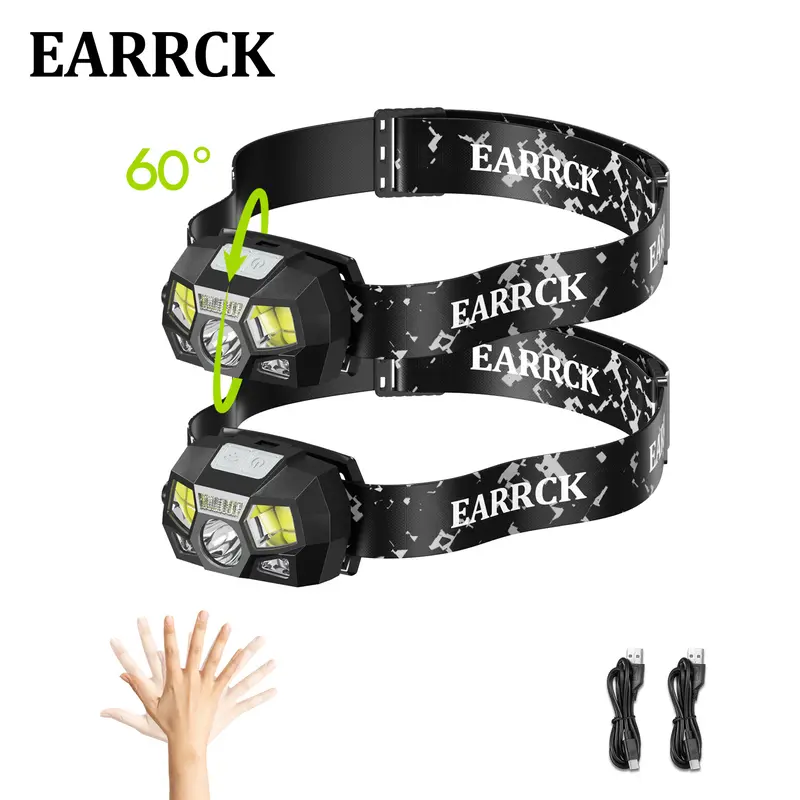 2PC Rechargeable LED Waterproof Headlamps - 60-Degree Adjustable Head, IP65 Rated, 8 Multi-Modes White&Red Light, Red Side Light Cue, Motion Sensor, ABS Shell, 80g, Headband, Lanyards, Bright Beam, Portable Adjustable LED Flashlight, for Camping,Running