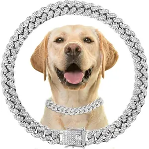 Silver Dog Chain Collar Diamond Cuban Link Dog Collar 13mm Wide Dog Necklace Metal Cat Chain Pet Crystal Collar Jewelry Accessories for Small Medium Large Dogs Cats(16inch)