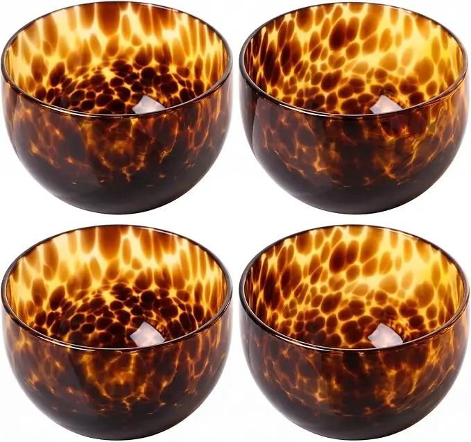 4-Inch Stylish Tortoise Shell Pattern Glass Bowls Set (4 Pcs) - Brown Tableware for Serving Dessert, Oatmeal, Home Decor, Housewarming Gifts, Sturdy