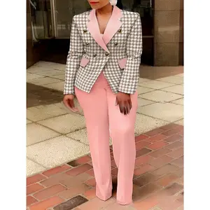 Women's Casual Suit Set, Plus Size Colorblock Houndstooth Print Button Lapel Collar Long Sleeve Blazer & Solid Pants Suit 2 Piece Set