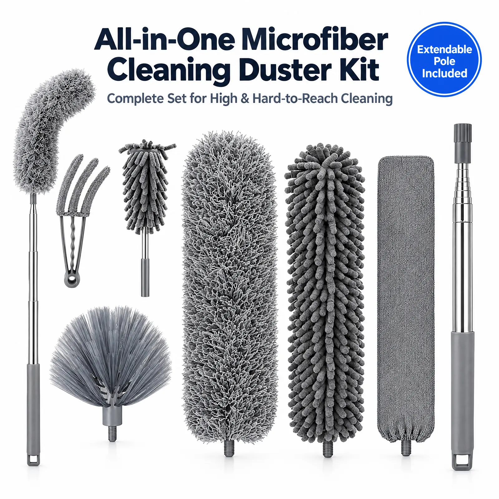 7-in-1 Microfiber Duster Cleaning Kit with Steel Adjustable Extendable Long Pole, Flexible Heads, Cobweb & Crevice Cleaner for Ceiling Fans, Blinds, Hard-to-Reach Areas