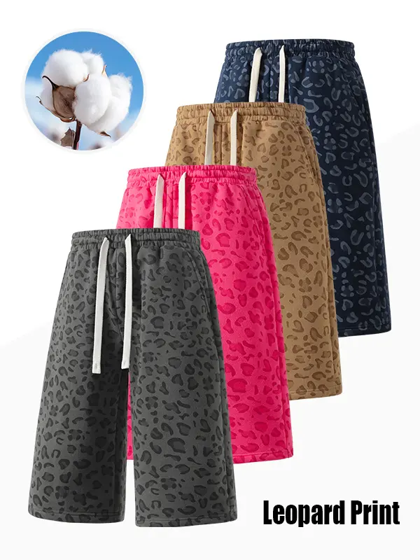 Leopard Print Wide Leg Sweat Shorts, Unisex Oversized Knee-Length Casual Jogger Shorts,  Waist with White Drawstring, Loose Streetwear Sports Shorts for Men and Women, Multiple Colors